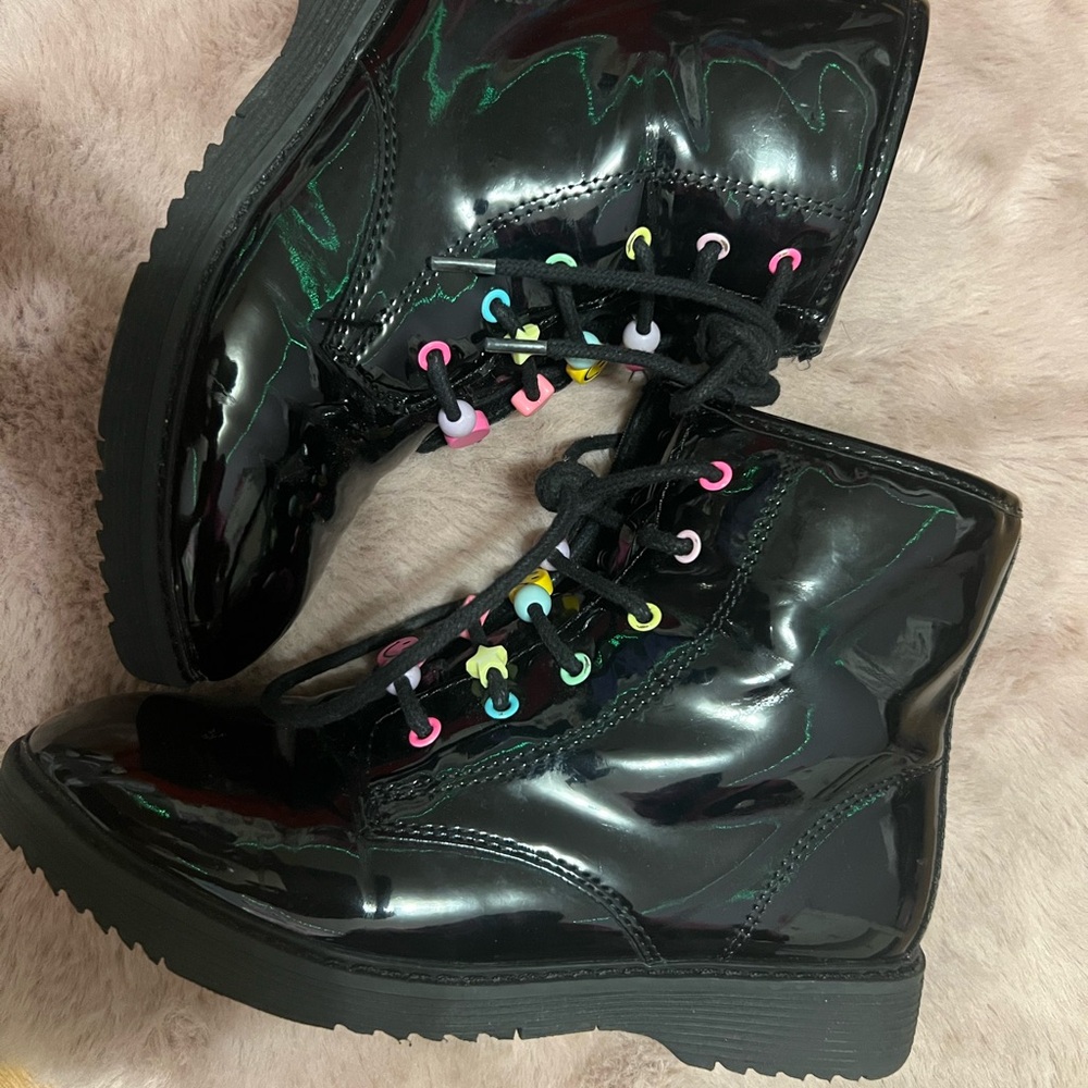 Kids Black Patent Leather Boots with Colorful Eyelets